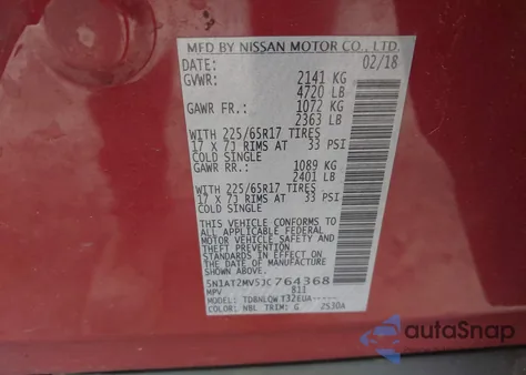 2018 Nissan Rogue Sv z USA, uszkodzony, nr VIN 5N1AT2MV5JC764368